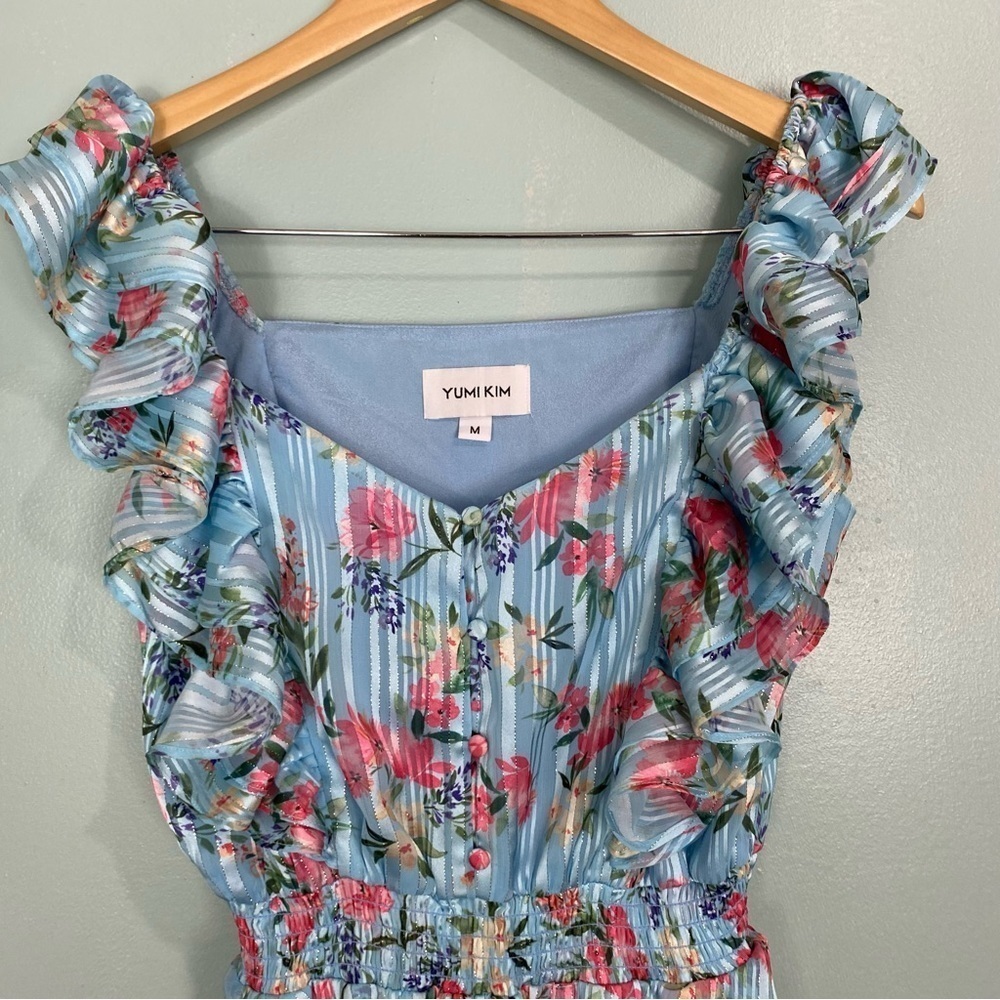 Yumi Kim Eden Mulberry Angel Floral Dress Sz M Ruffle Fairy Mini Blue Metallic - Picture 3 of 6